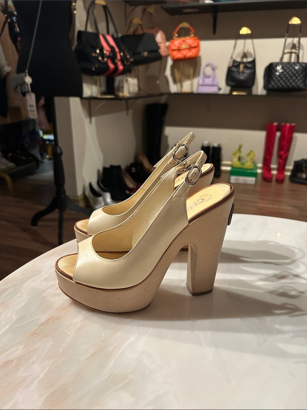 CHANEL Cream Leather Slingback Platform Heels